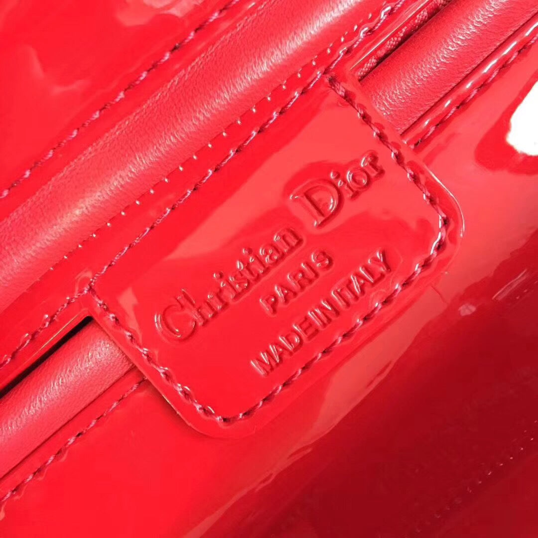 Dior Lady Medium Chain Bag Silver Hardware in Red Patent Calfskin