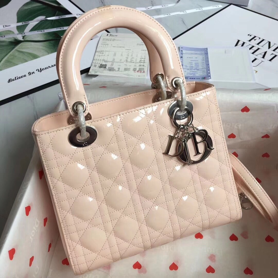 Dior Lady Medium Chain Bag Silver Hardware in Powder Pink Patent Calfskin