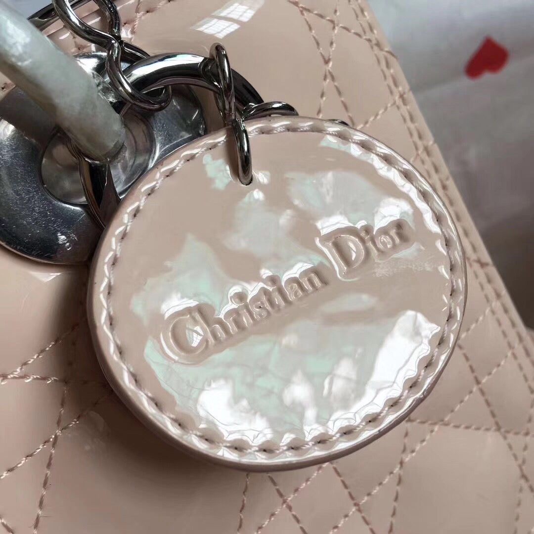 Dior Lady Medium Chain Bag Silver Hardware in Powder Pink Patent Calfskin