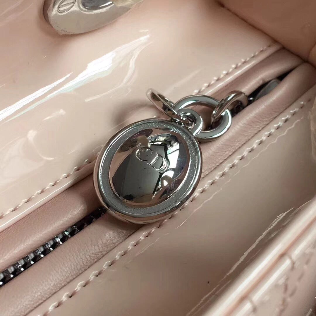 Dior Lady Medium Chain Bag Silver Hardware in Powder Pink Patent Calfskin