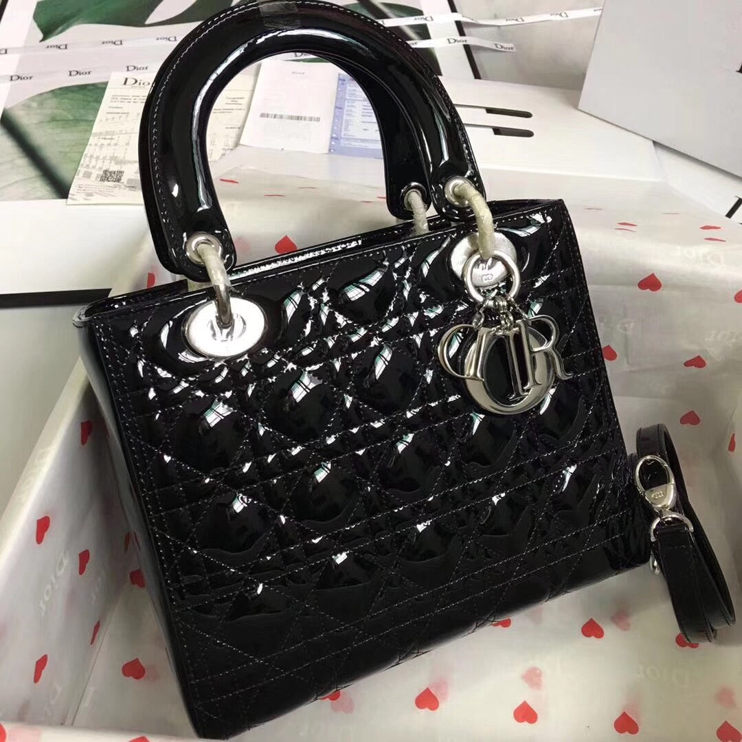 Dior Lady Medium Chain Bag Silver Hardware in Black Patent Calfskin