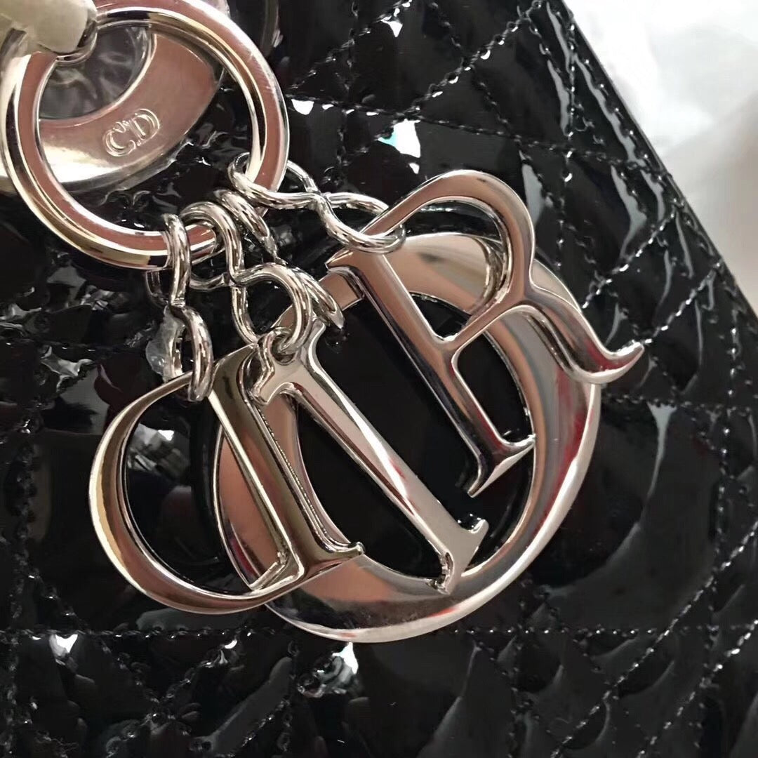 Dior Lady Medium Chain Bag Silver Hardware in Black Patent Calfskin