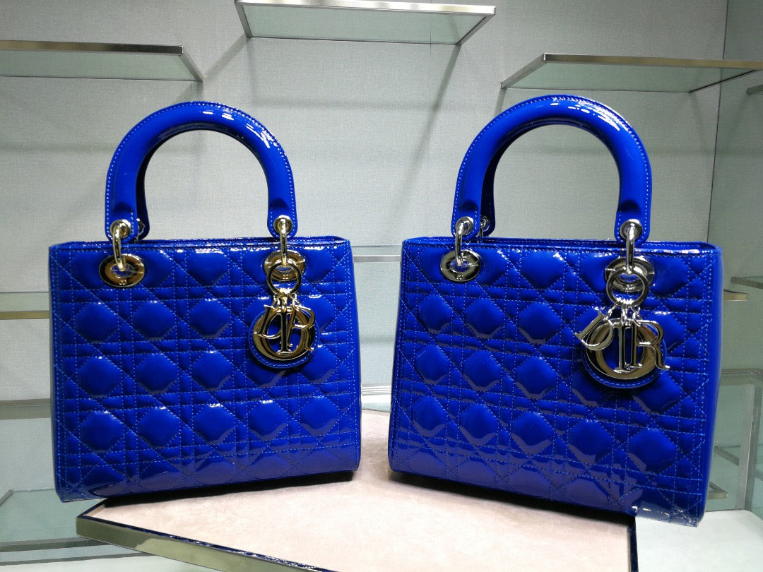 Dior Lady Medium Chain Bag In Dark Blue Patent Calfskin