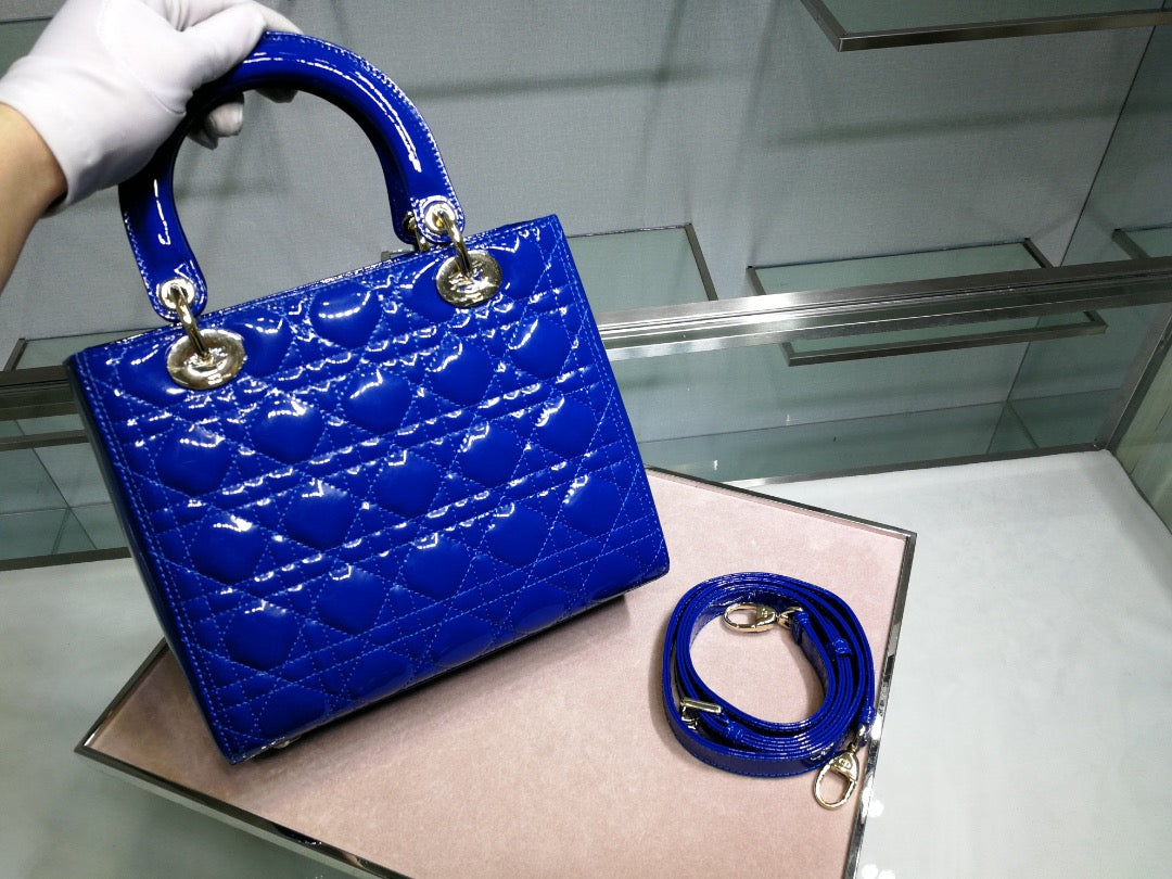 Dior Lady Medium Chain Bag In Dark Blue Patent Calfskin