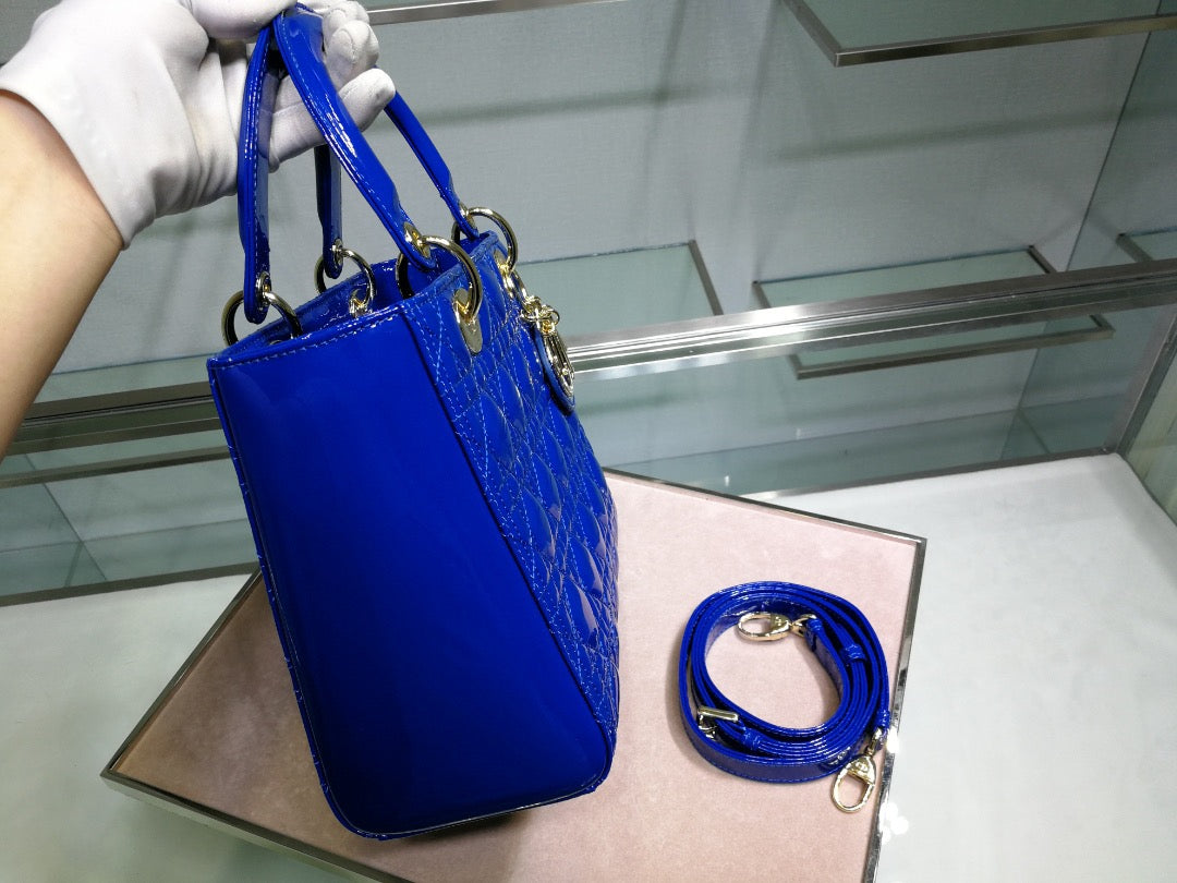 Dior Lady Medium Chain Bag In Dark Blue Patent Calfskin