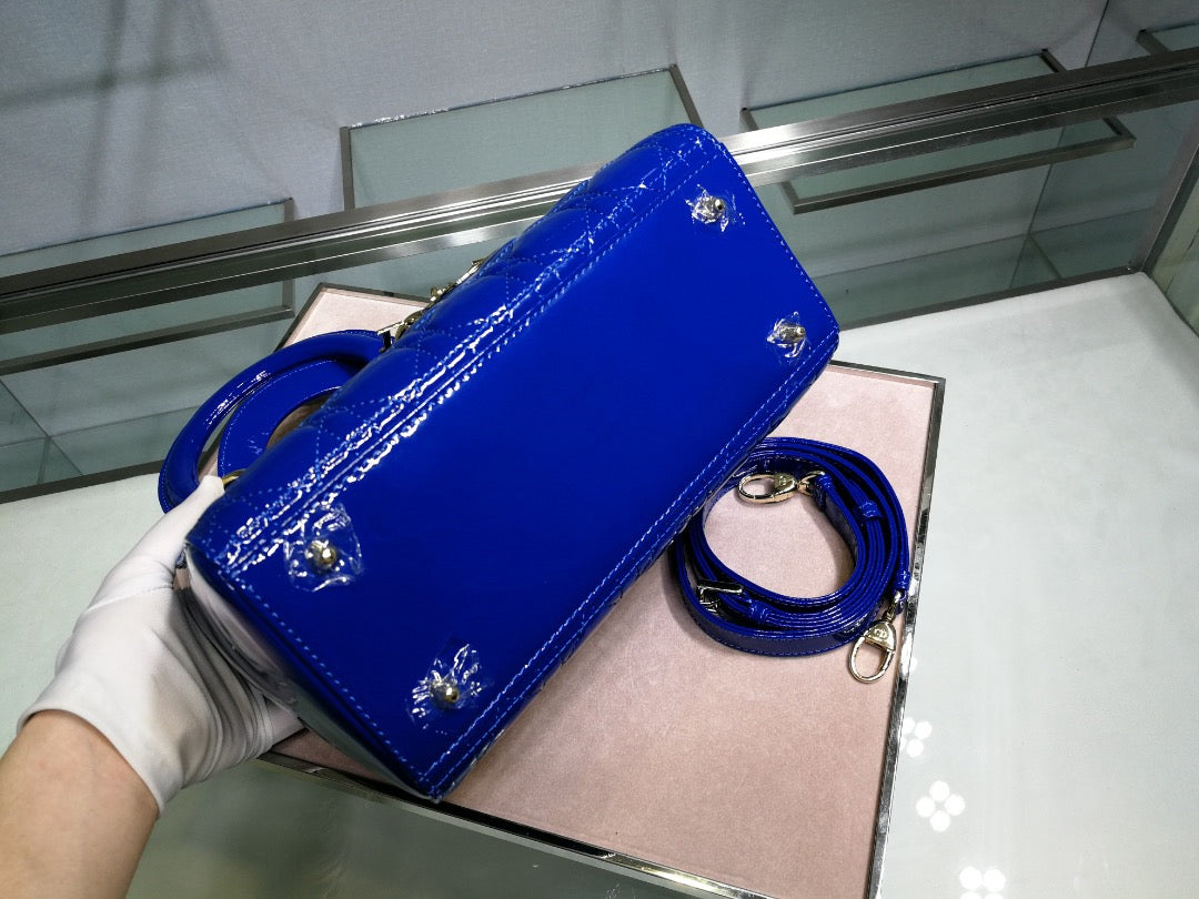 Dior Lady Medium Chain Bag In Dark Blue Patent Calfskin