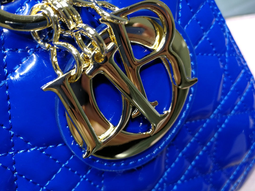 Dior Lady Medium Chain Bag In Dark Blue Patent Calfskin