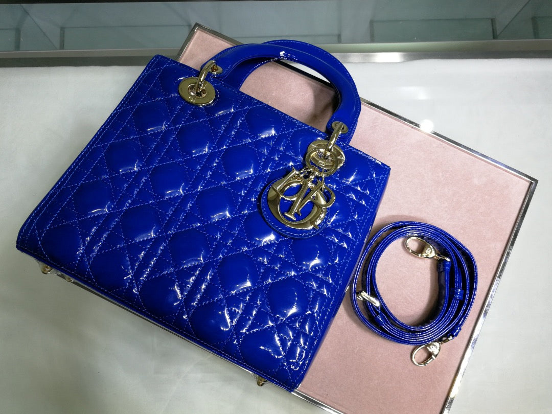 Dior Lady Medium Chain Bag In Dark Blue Patent Calfskin