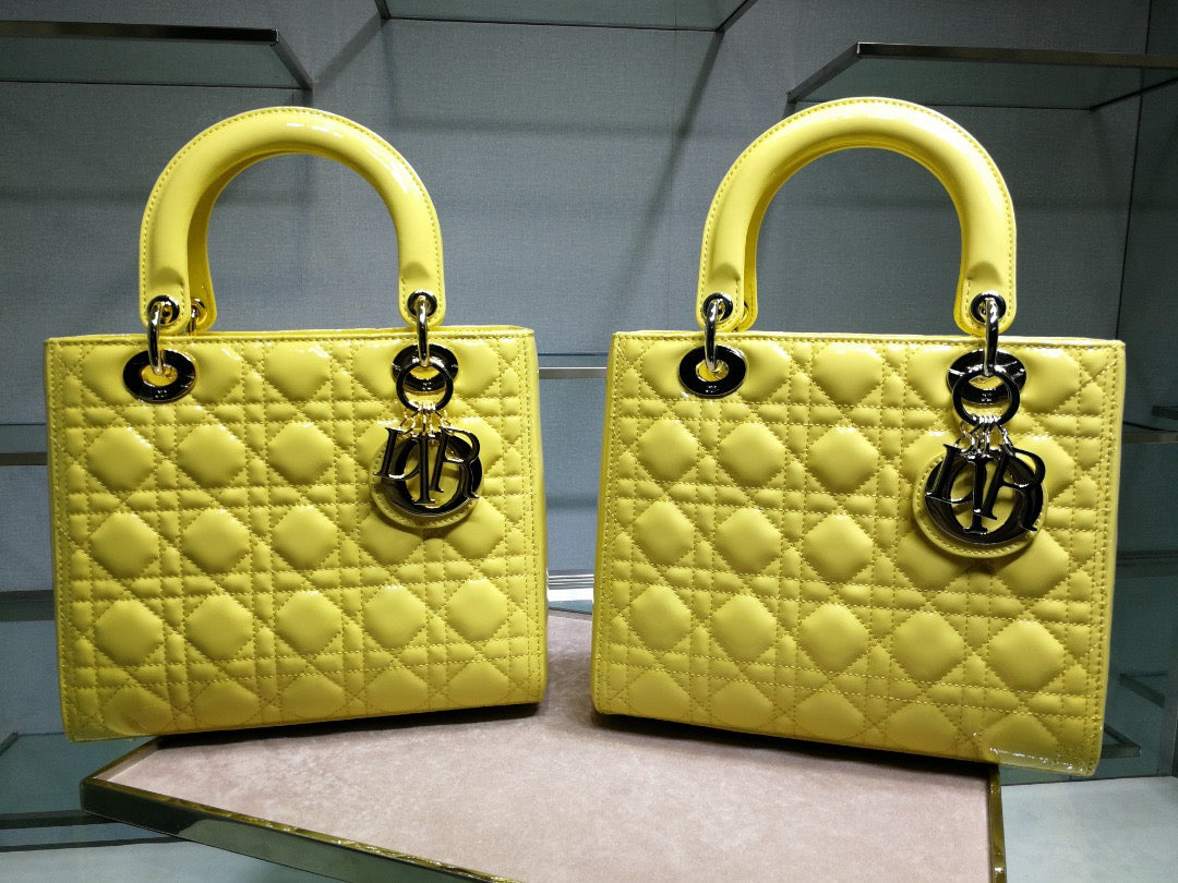 Dior Lady Medium Chain Bag In Yellow Patent Calfskin