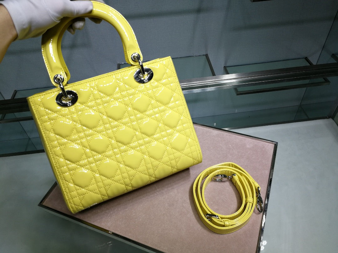 Dior Lady Medium Chain Bag In Yellow Patent Calfskin