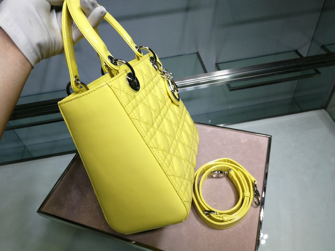 Dior Lady Medium Chain Bag In Yellow Patent Calfskin