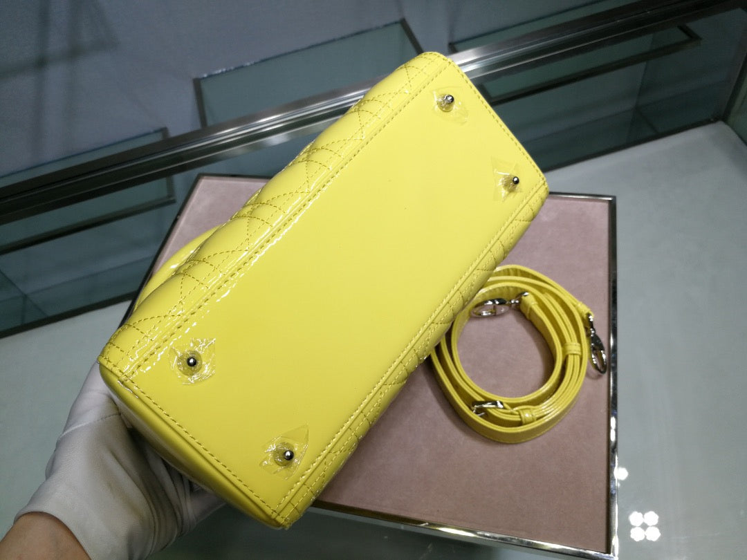 Dior Lady Medium Chain Bag In Yellow Patent Calfskin