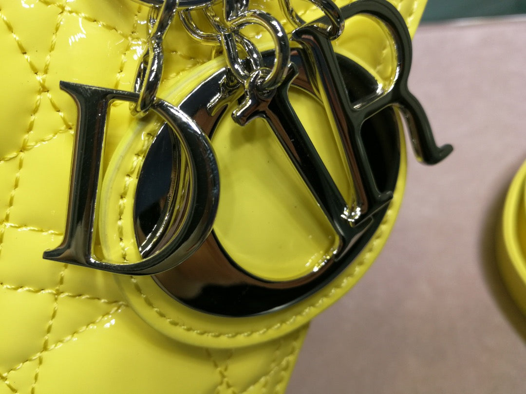 Dior Lady Medium Chain Bag In Yellow Patent Calfskin