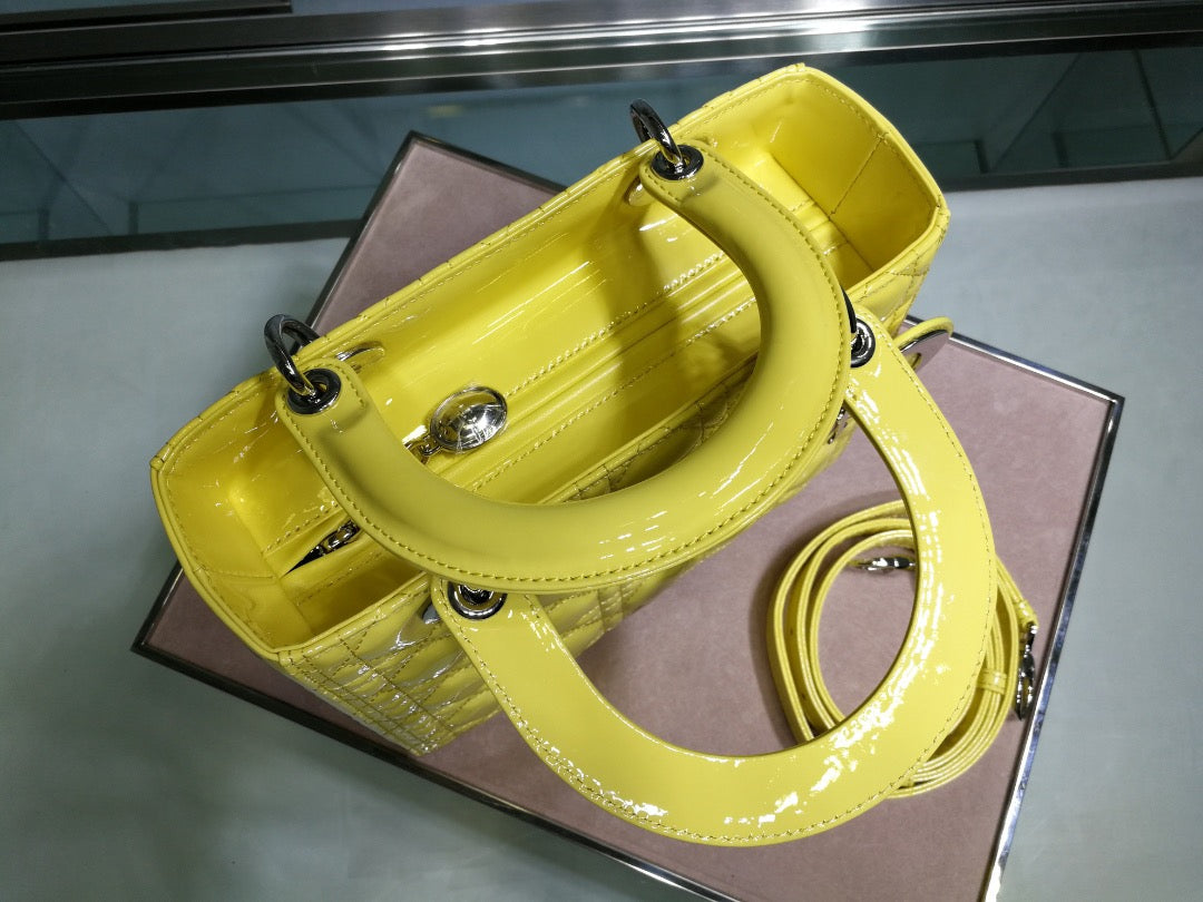 Dior Lady Medium Chain Bag In Yellow Patent Calfskin