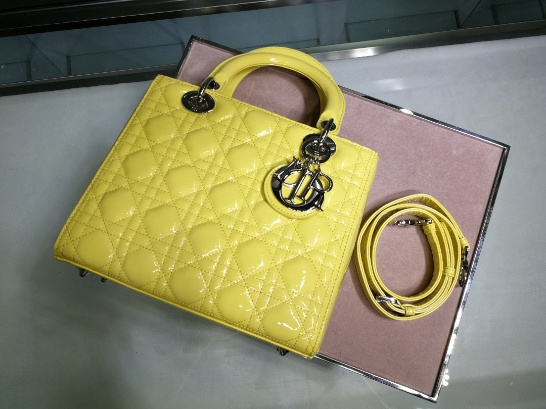 Dior Lady Medium Chain Bag In Yellow Patent Calfskin