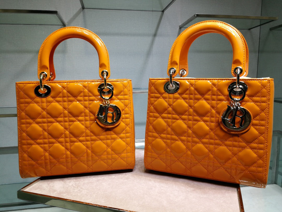 Dior Lady Medium Chain Bag In Orange Patent Calfskin