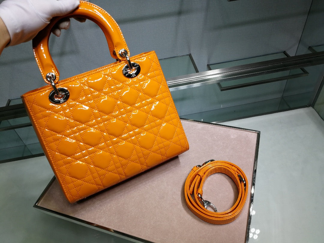 Dior Lady Medium Chain Bag In Orange Patent Calfskin