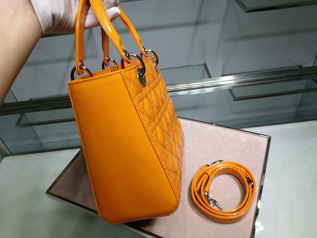 Dior Lady Medium Chain Bag In Orange Patent Calfskin