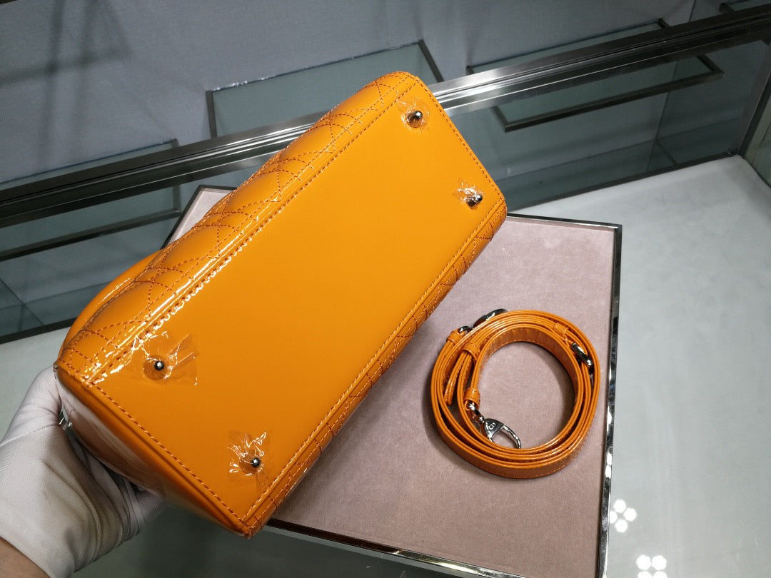 Dior Lady Medium Chain Bag In Orange Patent Calfskin