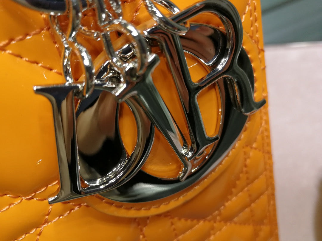 Dior Lady Medium Chain Bag In Orange Patent Calfskin