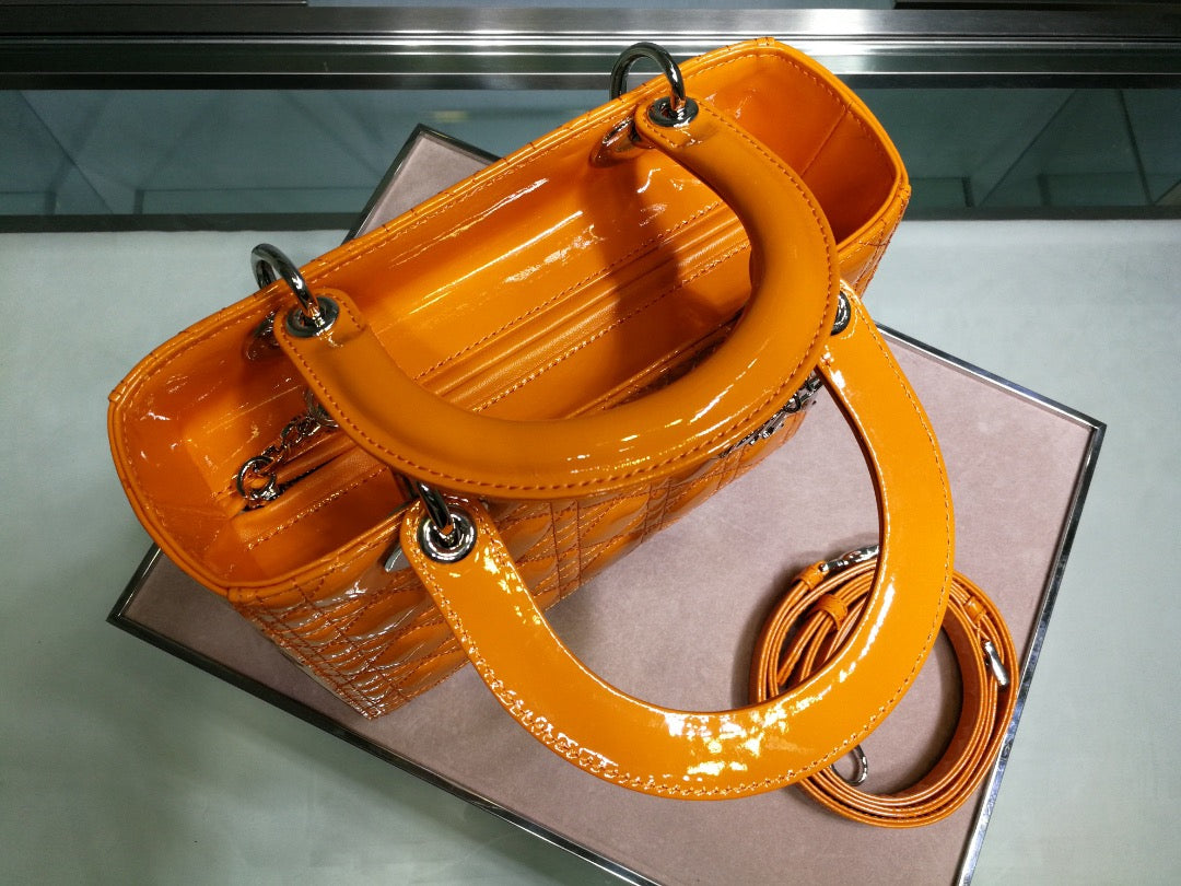 Dior Lady Medium Chain Bag In Orange Patent Calfskin