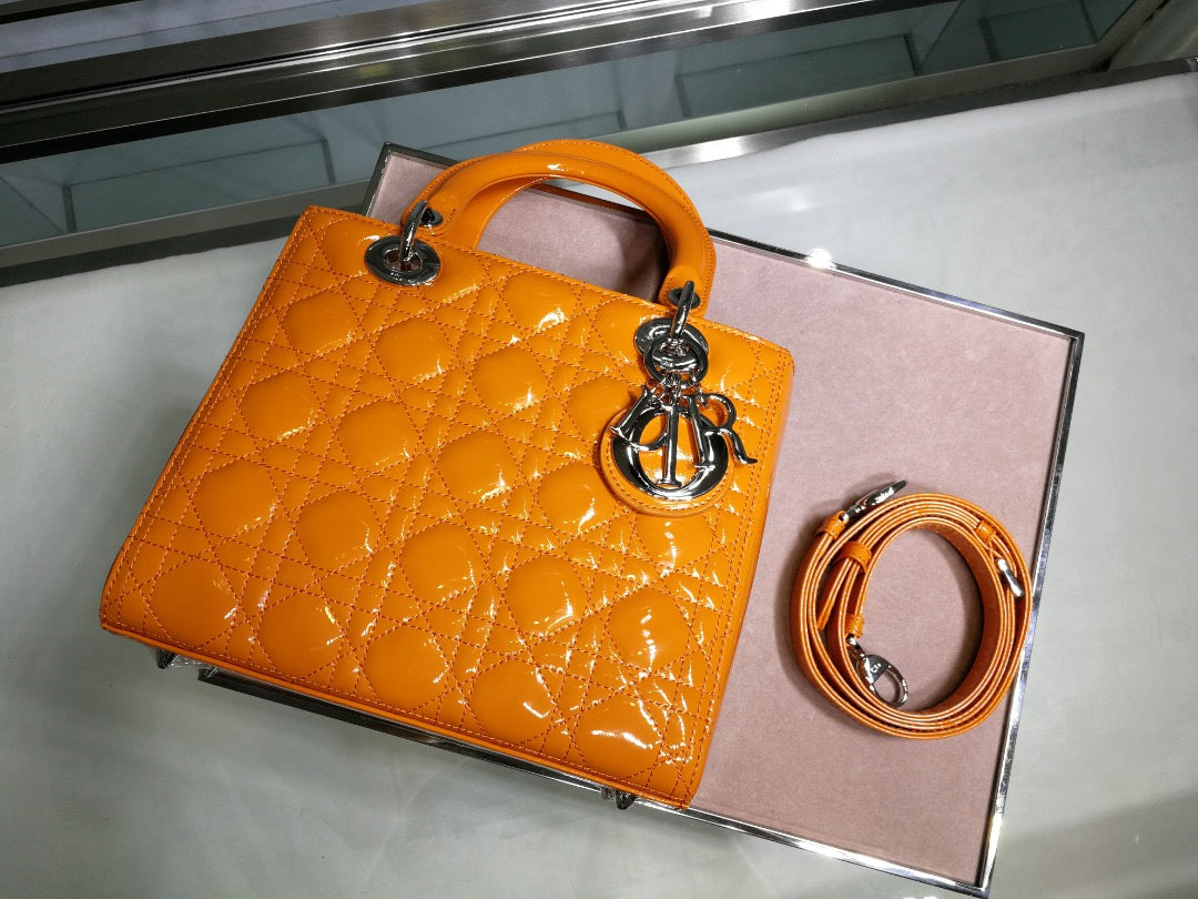 Dior Lady Medium Chain Bag In Orange Patent Calfskin