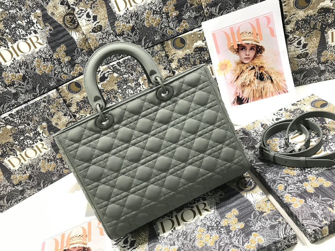 Dior Lady Dior Large Bag In Gray Cannage Lambskin