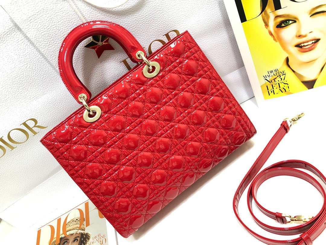 Dior Lady Dior Large Bag In Red Cannage Patent Calfskin