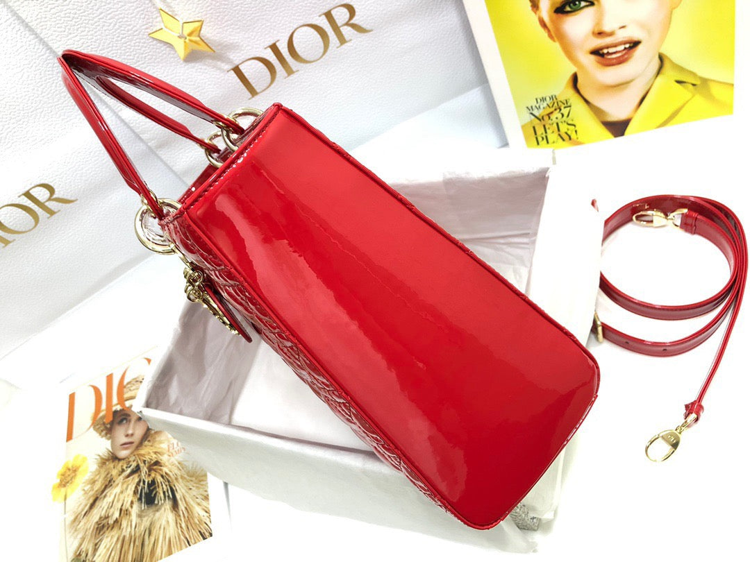 Dior Lady Dior Large Bag In Red Cannage Patent Calfskin