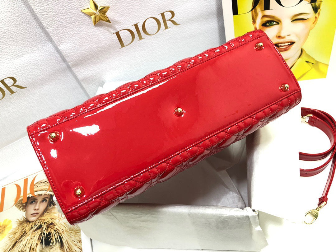 Dior Lady Dior Large Bag In Red Cannage Patent Calfskin