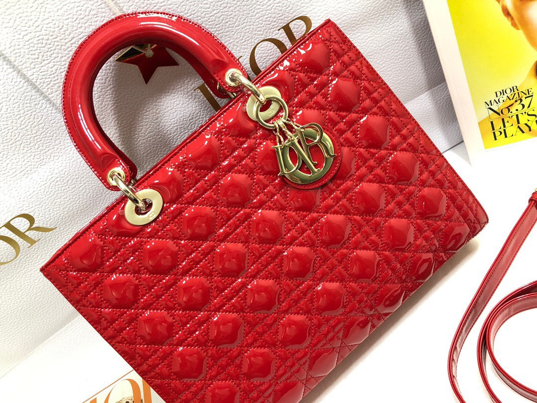 Dior Lady Dior Large Bag In Red Cannage Patent Calfskin