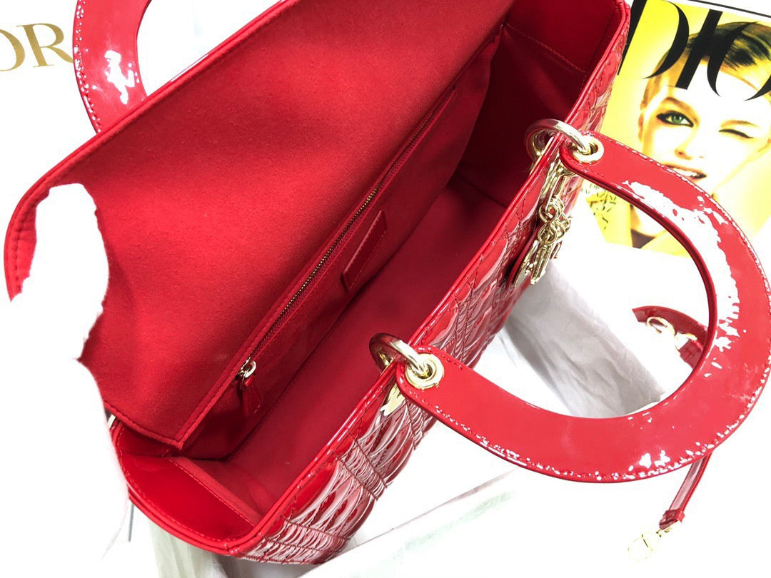 Dior Lady Dior Large Bag In Red Cannage Patent Calfskin