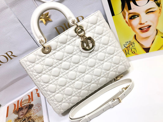 Dior Lady Dior Large Bag In White Cannage Lambskin