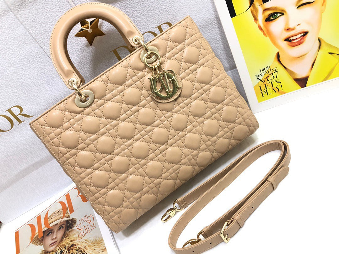 Dior Lady Dior Large Bag In  Apricot Cannage Lambskin