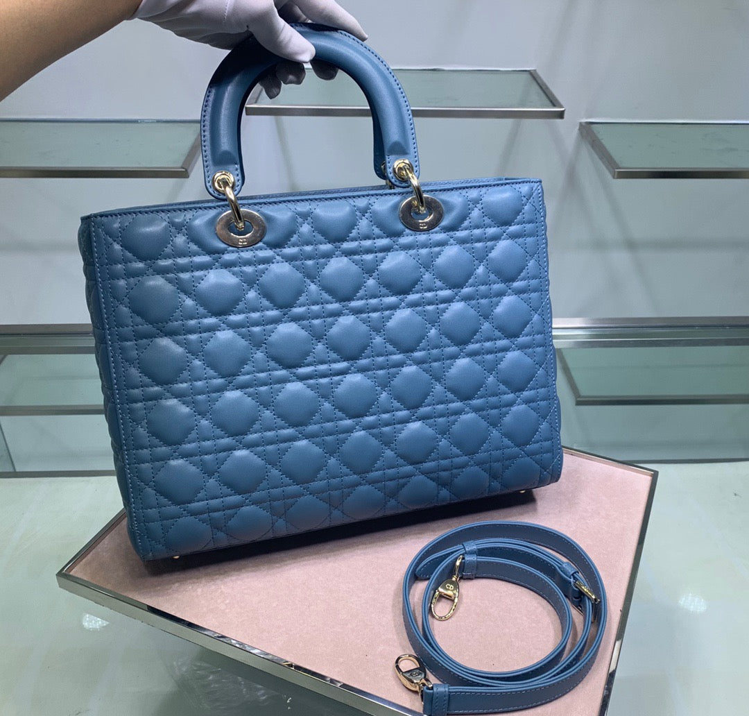 Dior Lady Dior Large Bag In Blue Cannage Lambskin