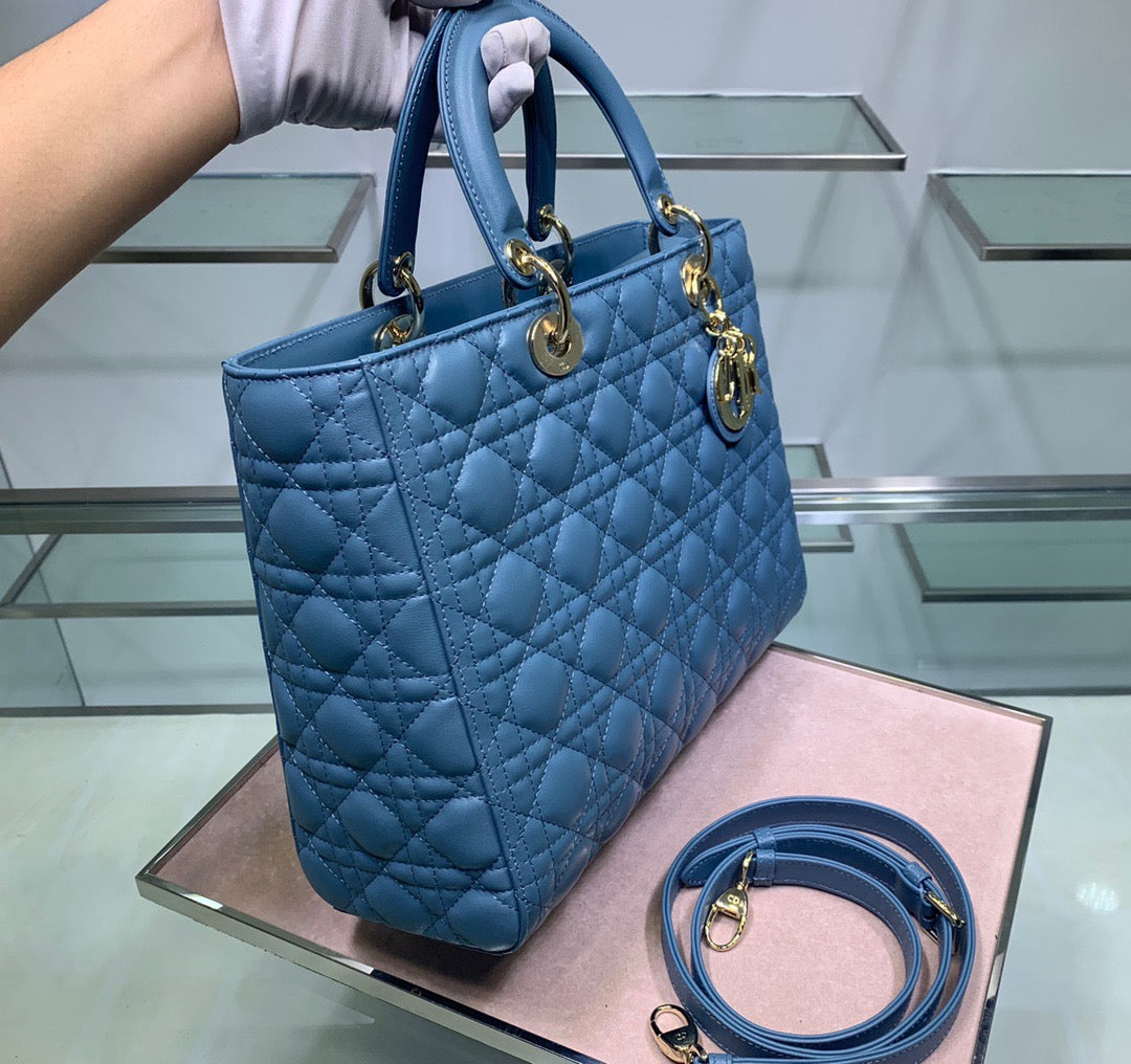 Dior Lady Dior Large Bag In Blue Cannage Lambskin