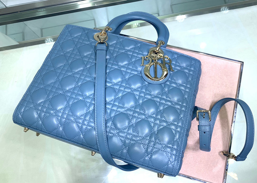 Dior Lady Dior Large Bag In Blue Cannage Lambskin