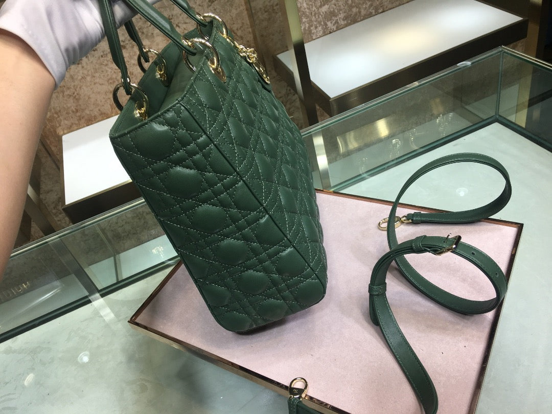 Dior Lady Dior Large Bag In Dark Green Cannage Lambskin