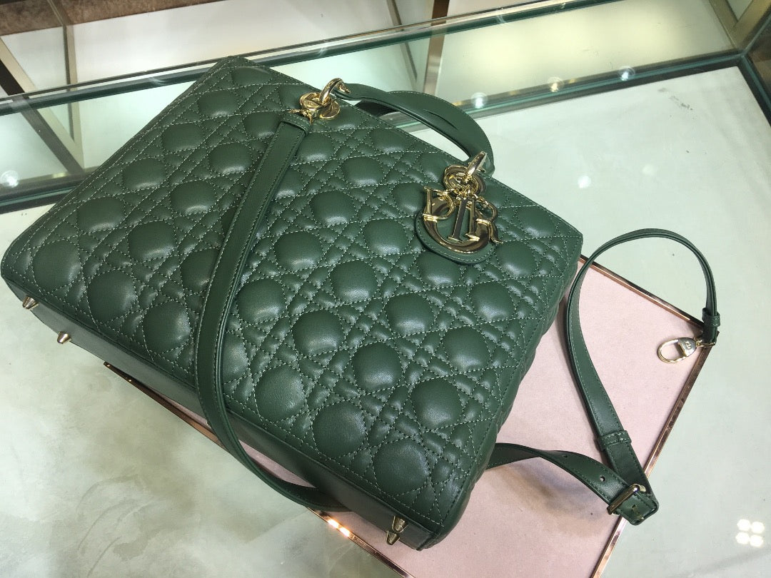 Dior Lady Dior Large Bag In Dark Green Cannage Lambskin