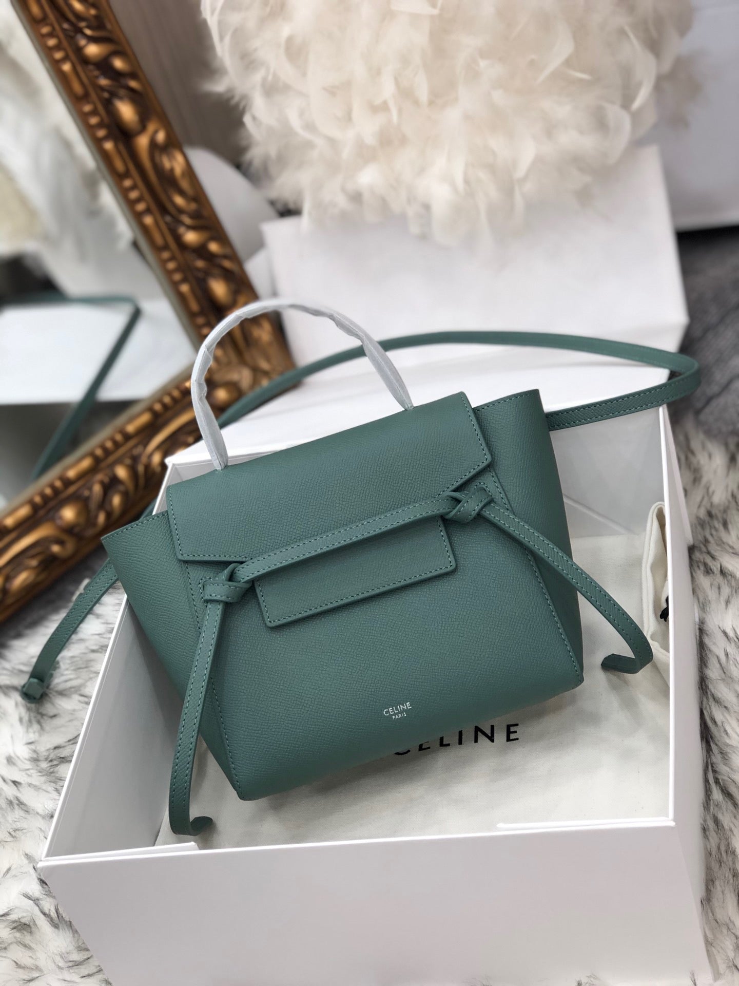 Celine Belt Nano Bag In Dark Green Grained Calfskin