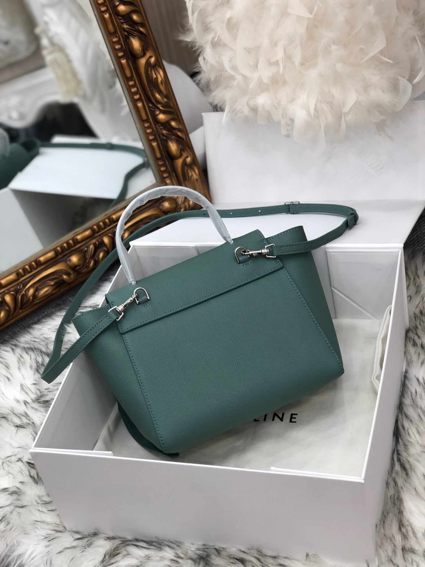 Celine Belt Nano Bag In Dark Green Grained Calfskin