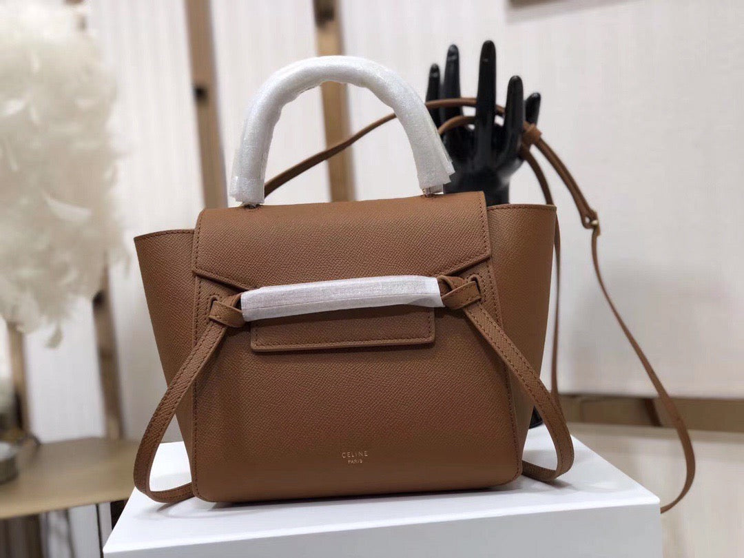 Celine Belt Nano Bag In Gold Brown Grained Calfskin