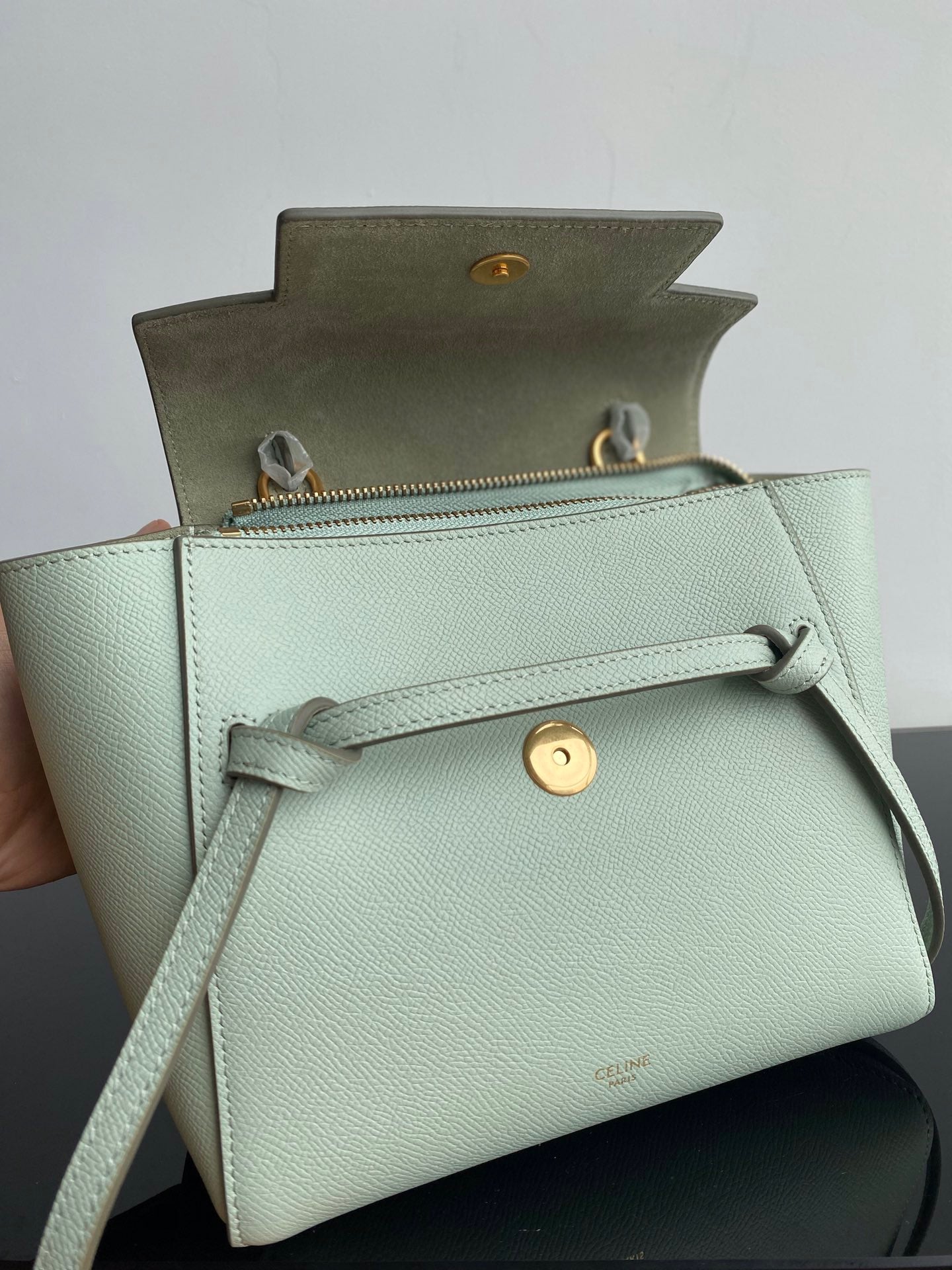 Celine Belt Nano Bag In Avocado Green Grained Calfskin