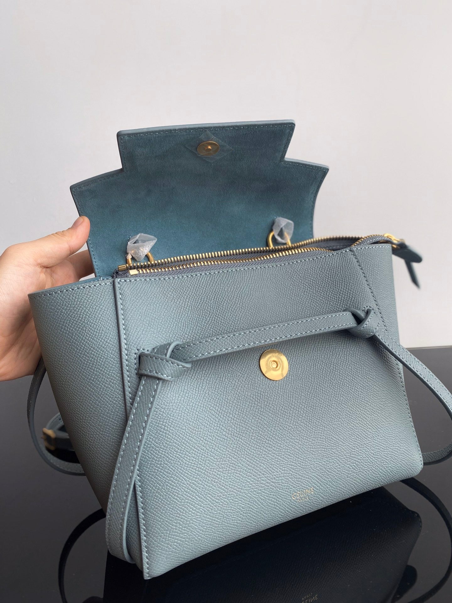 Celine Belt Nano Bag In Haze Blue Grained Calfskin