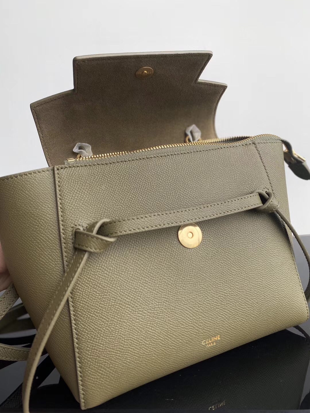 Celine Belt Nano Bag In Army Green Grained Calfskin