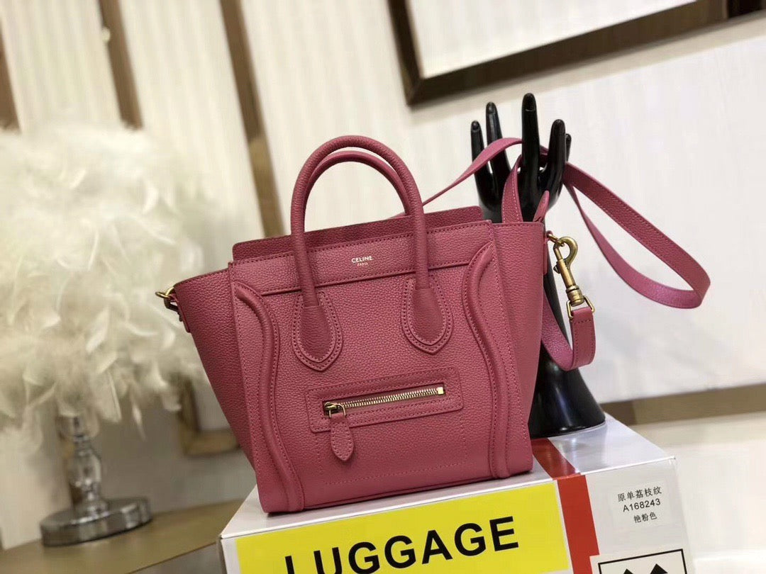 Celine Nano Luggage Tote Bag In Rose Red Drummed Calfskin