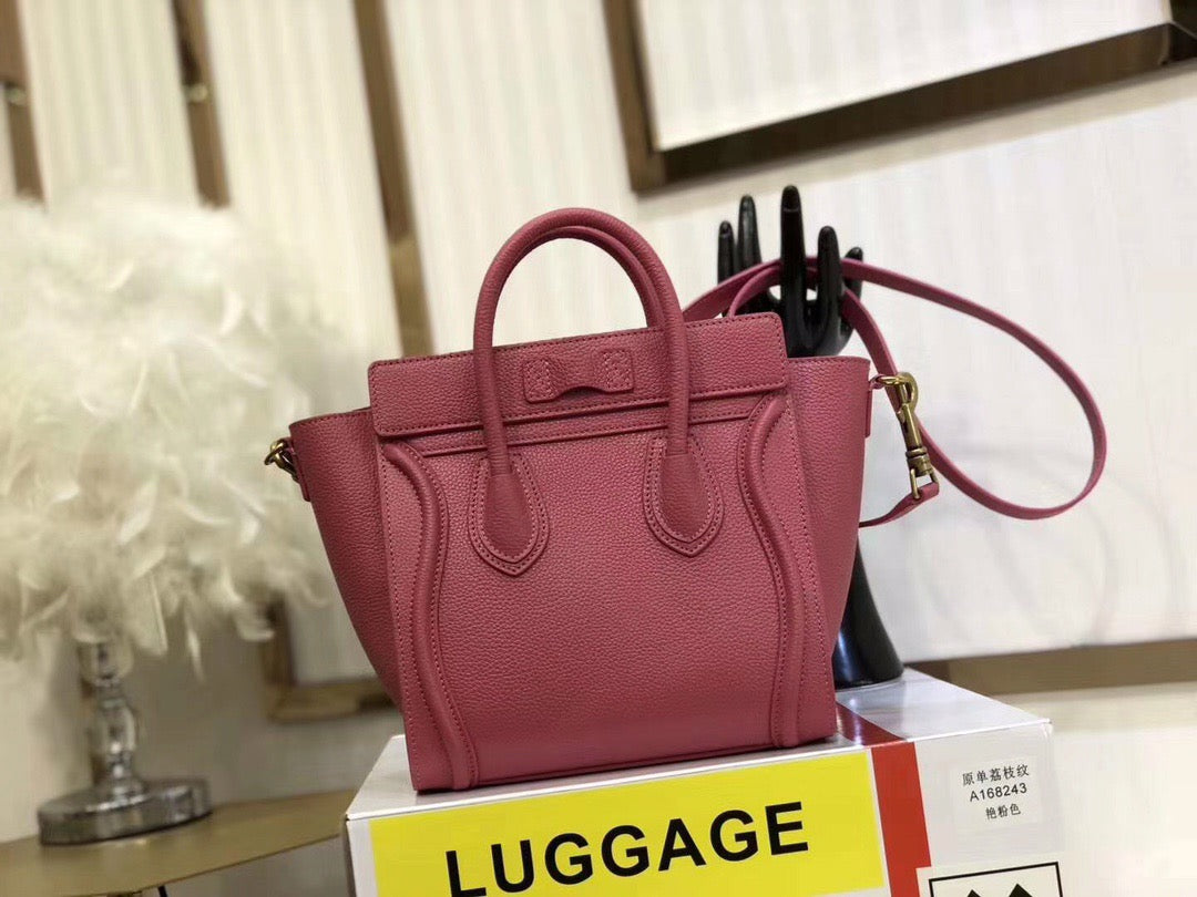 Celine Nano Luggage Tote Bag In Rose Red Drummed Calfskin