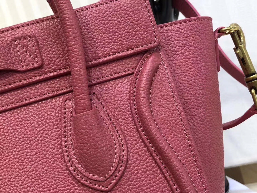 Celine Nano Luggage Tote Bag In Rose Red Drummed Calfskin