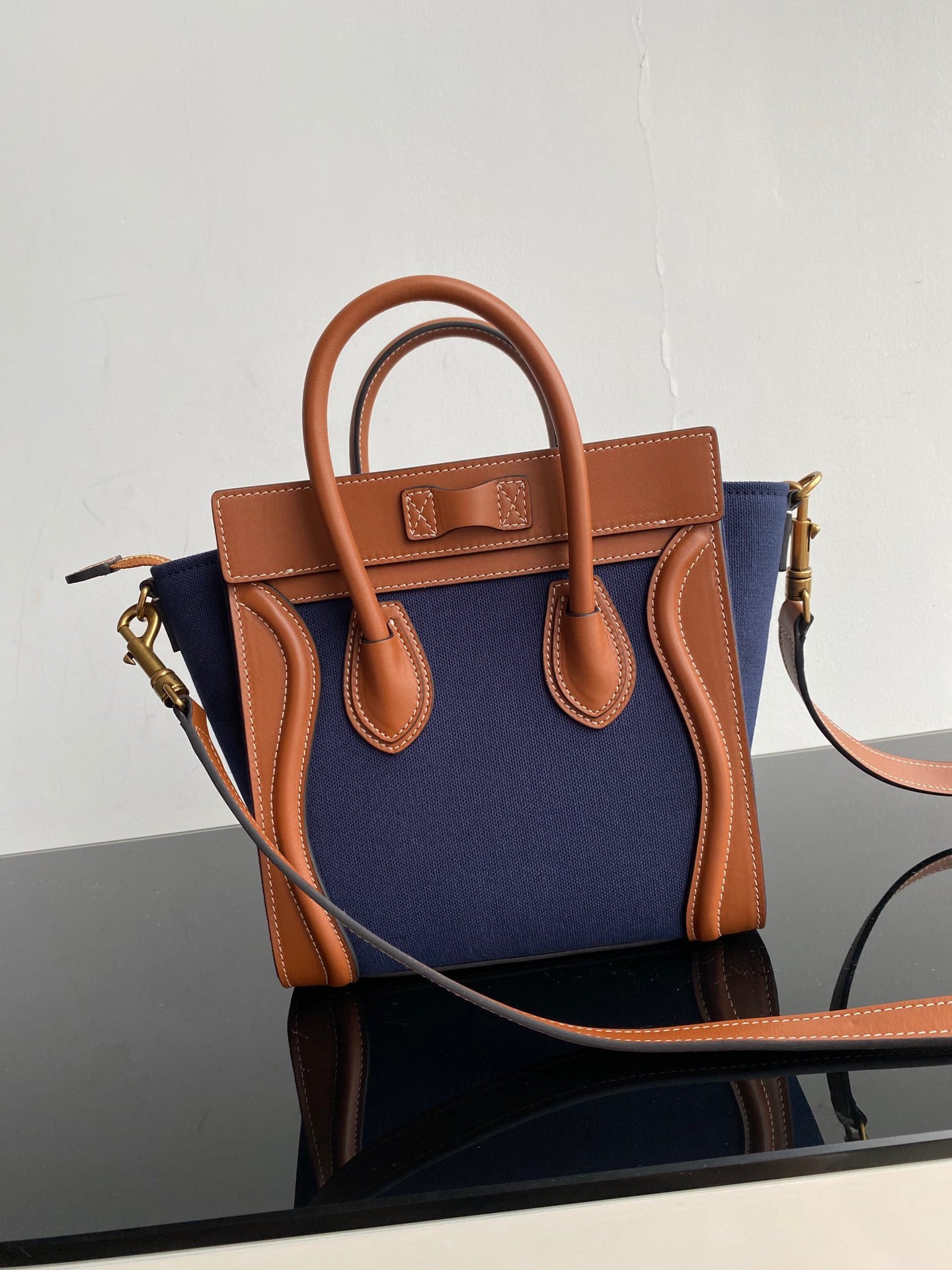 Celine Nano Luggage Tote Bag In Dark Blue With Brown Handle