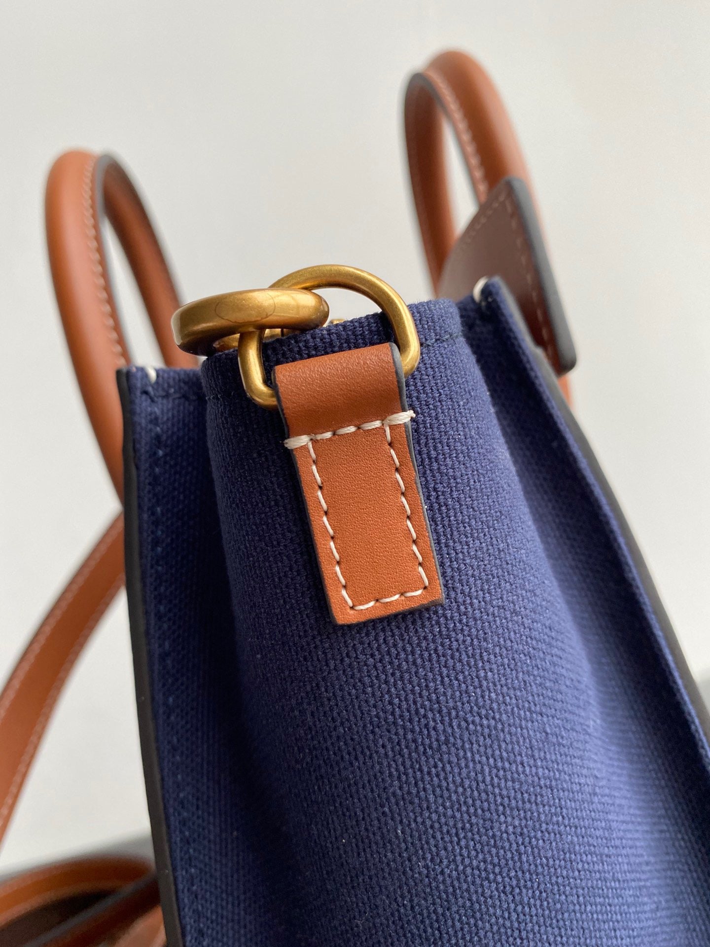 Celine Nano Luggage Tote Bag In Dark Blue With Brown Handle